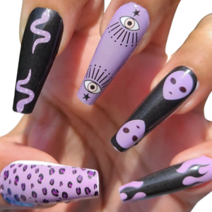 Purple and black alien nail wraps on long nails