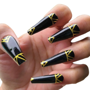 black and gold pattern nail wraps long nails