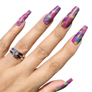 pink and multi colour glitter nail wraps on long nails