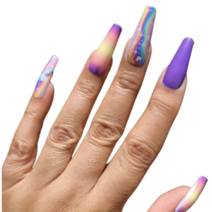 purple and rainbow nail wrap on long nails