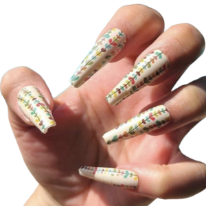 beige and leaf pattern nail wrap on long nails