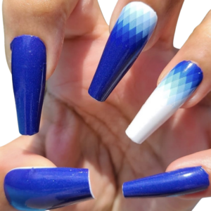 blue and white diamond pattern nail wrap on long nails