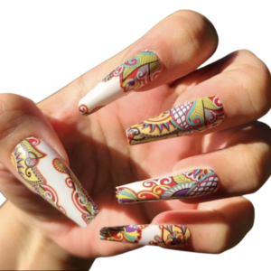 white and paisley pattern nail wrap on long nails