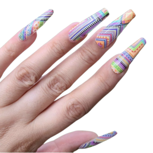 multi coloured triangle pattern on long nails