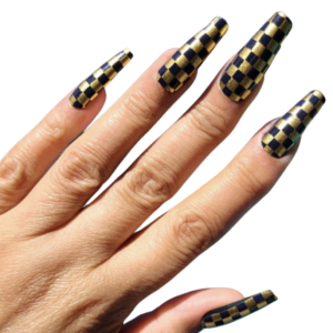 black and gold metallic check nail wrap on long nails